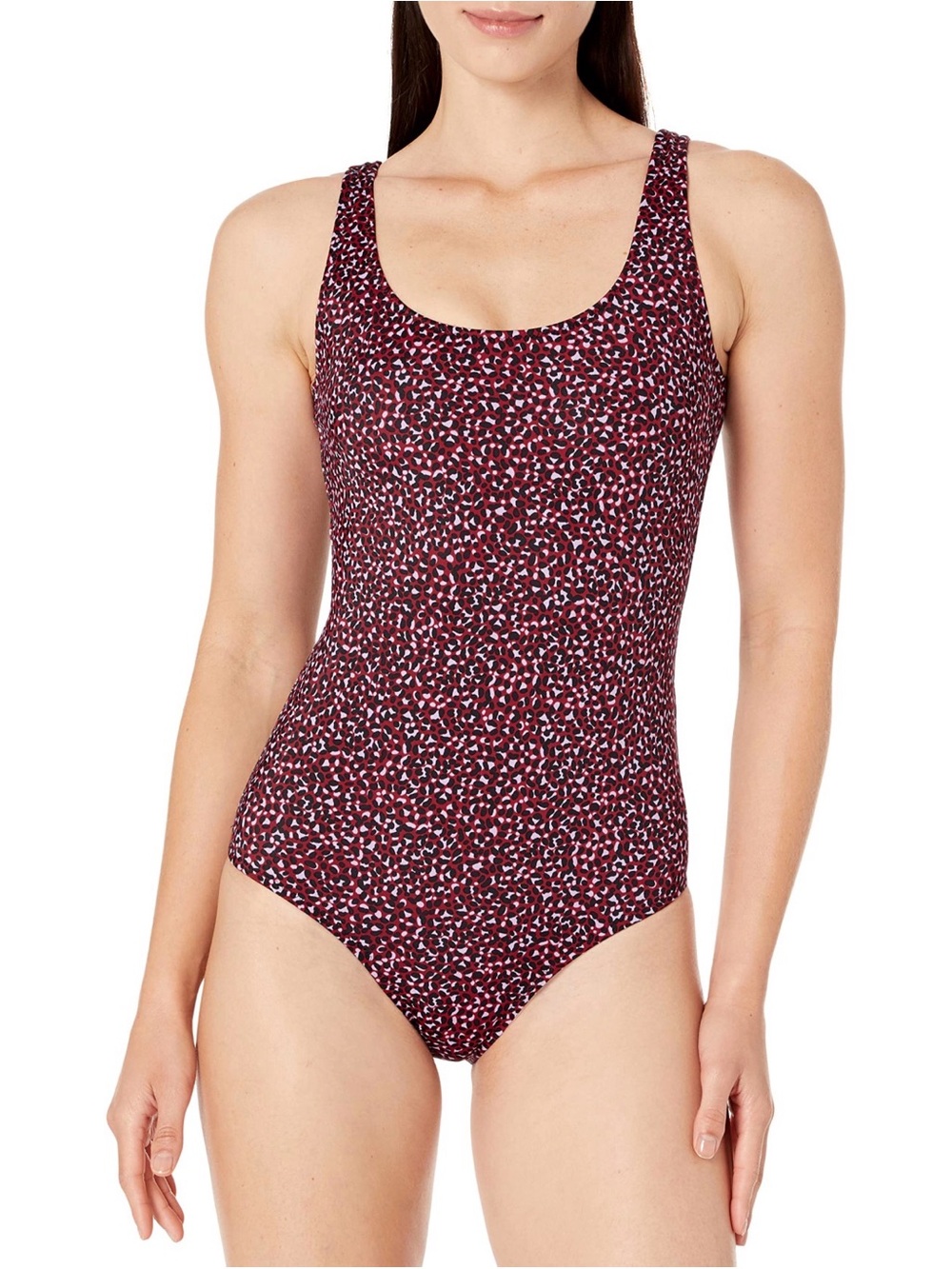 Amazon Essentials Leopard Print One Piece Swimsuit XS Burgundy Black Purple NWT